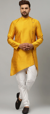 Yellow Cotton Kurta Set with Self-Print